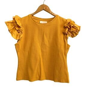 Anthropologie Mustard Yellow Ribbed Ruffle Sleeve Top